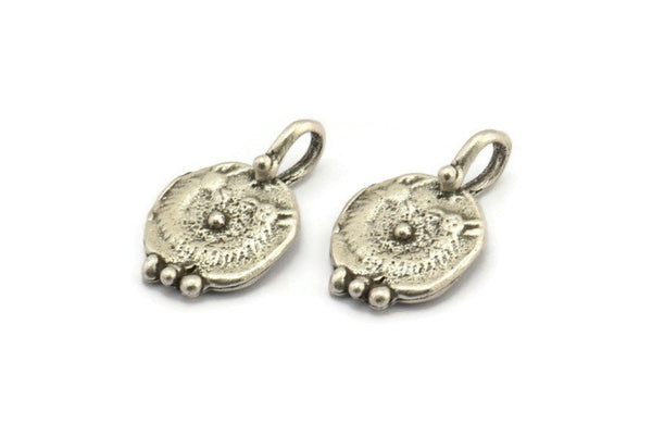 Silver Round Charm, 2 Antique Silver Plated Brass Round Charms With 1 Loop, Pendants, Earring Findings (21x13.5x2mm) N2132