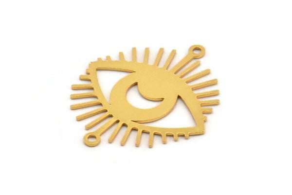 Gold Eye Charm, 4 Gold Plated Brass Crescent Moon Patterned Eye Shaped Charms With 2 Loops, Connectors (30x26x0.60mm) A3491 H0297