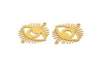 Gold Eye Charm, 4 Gold Plated Brass Crescent Moon Patterned Eye Shaped Charms With 2 Loops, Connectors (30x26x0.60mm) A3491 H0297