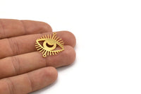 Gold Eye Charm, 4 Gold Plated Brass Crescent Moon Patterned Eye Shaped Charms With 2 Loops, Connectors (30x26x0.60mm) A3491 H0297