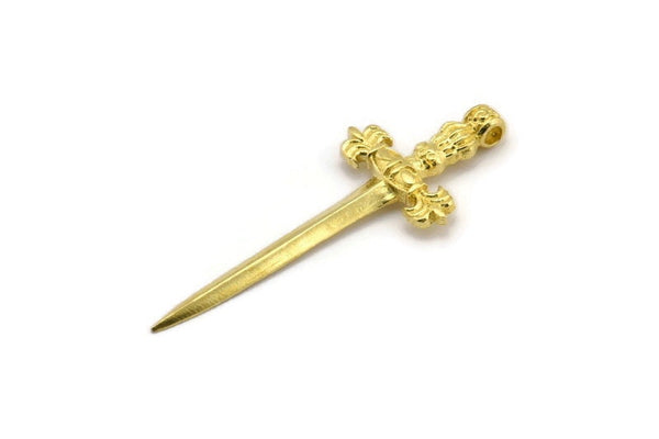 Knight&#39;s Sword Pendant, Raw Brass Sword Charms (44x17mm) N0404
