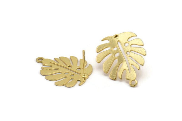 Gold Monstera Earring, 4 Gold Plated Brass Monstera Leaf Stud Earrings With 1 Loop (24x20x0.60mm) D1005 A1287