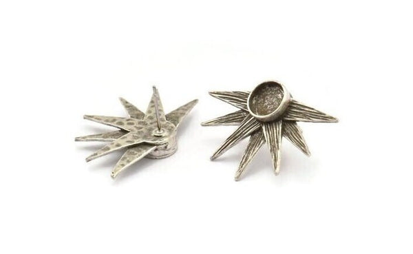 Silver Sun Earring, 2 Antique Silver Plated Brass Sunshine Stud Earrings - Pad Size 8mm N0700