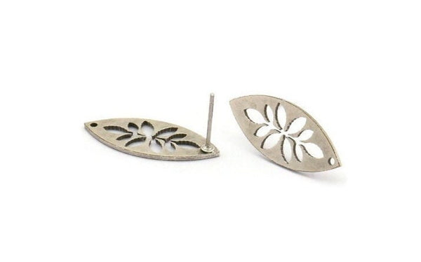 Gümüş Markiz Küpe, 8 Antik Gümüş Kaplama Pirinç Yaprak Desenli Markiz Küpe 1 Delikli (24x10x0,80 mm) A6216 A2812 H0189