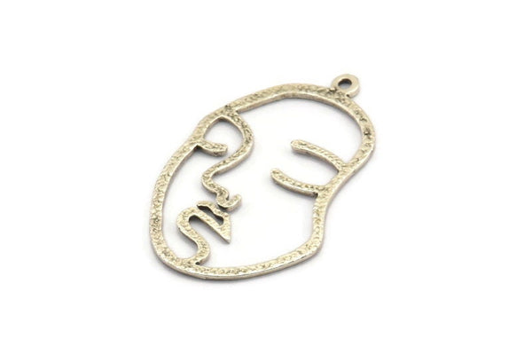 Silver Face Charm, 2 Antique Silver Plated Brass Hammered Face Shape Charms With 1 Loop, Pendant, Earrings, Findings (46x28x1.2mm) E587