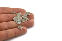 Silver Round Charm, 50 Antique Silver Brass Round Charms, Findings (10mm) Brs 133 A0519