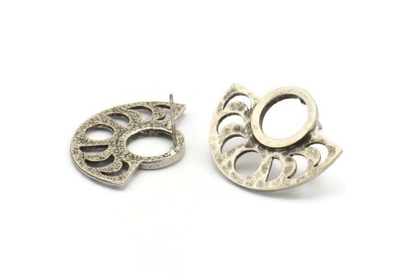 Moon Phases Earring, 2 Antique Silver Plated Brass Semi Circle Stud Earrings (29x22x1mm) N1002