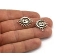 Moon and Sun, 4 Antique Silver Plated Brass, Silver Moon, Silver Sun, Silver Charm, Silver Connectors With 2 Loops (24x20mm) N1380
