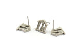 Silver Home Earring, 4 Antique Silver Plated Brass House Stud Earrings (11mm) N1362