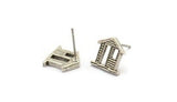 Silver Home Earring, 4 Antique Silver Plated Brass House Stud Earrings (11mm) N1362