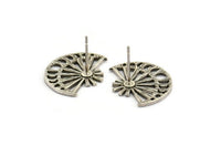 Silver Moon Earring, 4 Antique Silver Plated Brass Moon Phases Stud Earrings (19x16x1mm) N1339