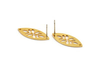 Gold Marquise Earring, 4 Gold Plated Brass Leaf Patterned Marquise Shaped Stud Earrings With 1 Hole (24x10x0.80mm) A6216 A2812 H0189
