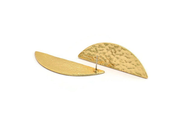 Gold Half Moon, 2 Hammered Gold Plated Brass Semi Circle Stud Earrings (51x16x1mm) N1024