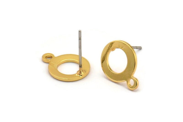 Gold Circle Earring, 6 Gold Plated Brass Circle Stud Earrings With 1 Loop (13x10x0.80mm) M042 A1626