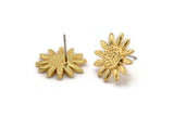 Gold Sunflower Earring, 2 Gold Plated Brass Sunflower Stud Earrings (15mm) N1341