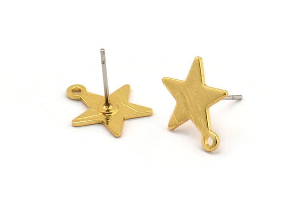 Gold Star Earring, 6 Textured Gold Plated Brass Star Stud Earrings With 1 Loop (14x0.80mm) A1896 A2252
