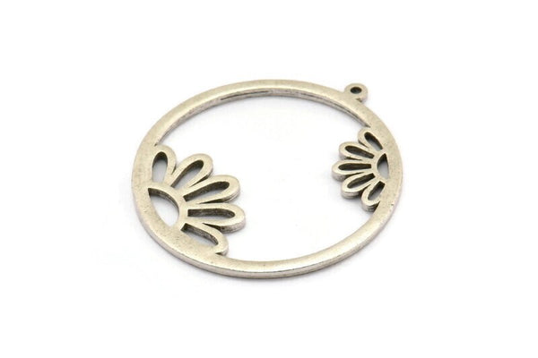 Silver Daisy Charm, Antique Silver Plated Brass Daisy Charms With 1 Loop, Pendants, Earrings (36x34x1.5mm) N1349