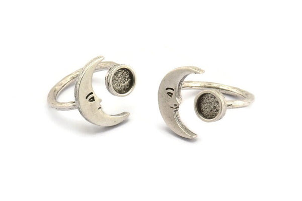 Silver Ring Settings, Antique Silver Plated Brass Moon And Planet Ring With 1 Stone Setting - Pad Size 6mm N1495