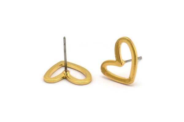 Gold Heart Earring, 10 Gold Plated Brass Heart Stud Earrings (11x14x1mm) D1195 A1221 Q1081