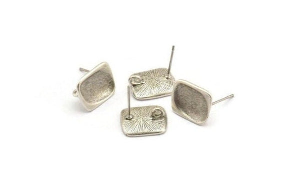Silver Rectangle Earring, 4 Antique Silver Plated Brass Rectangle Stud Earrings With 1 Loop (13x11mm) N1219