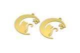 Brass Cat Charm, 6 Raw Brass Crescent Moon And Cat Shaped Charms With 1 Loop, Earring Findings (26x20x0.60mm) A4515