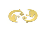 Brass Cat Charm, 6 Raw Brass Crescent Moon And Cat Shaped Charms With 1 Loop, Earring Findings (26x20x0.60mm) A4515