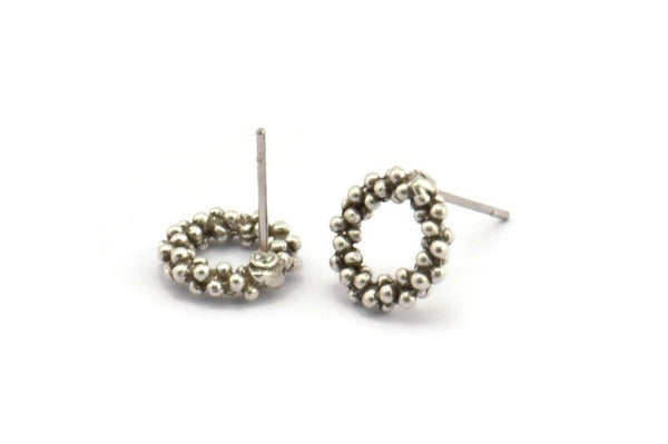 Silver Round Earring, 4 Antique Silver Plated Brass Round Earring Studs (11mm) N1201