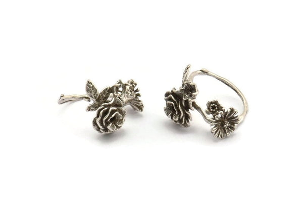 Silver Ring Settings, Antique Silver Plated Brass Flower Ring With 1 Stone Setting - Pad Size 4mm N1235