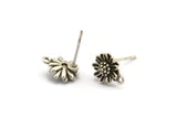 Silver Flower Earring, 6 Antique Silver Plated Brass Flower Stud Earrings With 1 Loop (9x11mm) N1166