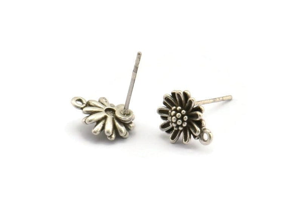 Silver Flower Earring, 6 Antique Silver Plated Brass Flower Stud Earrings With 1 Loop (9x11mm) N1166