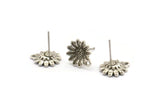 Silver Flower Earring, 4 Antique Silver Plated Brass Flower Stud Earrings With 1 Hole (11x13mm) N1203