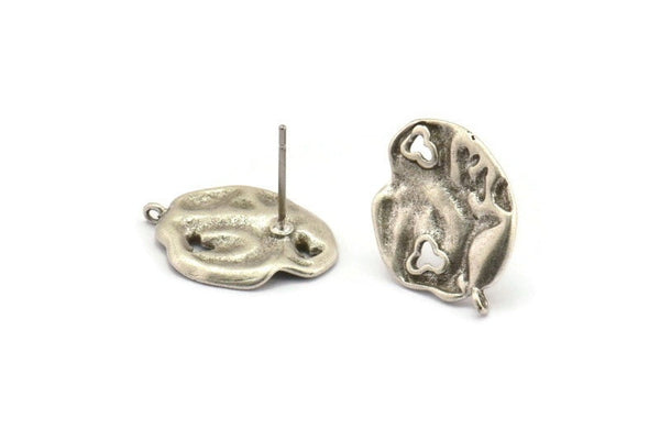 Silver Irregular Earring, 4 Antique Silver Plated Brass Irregular Stud Earrings With 1 Loop (20x14mm) N1226