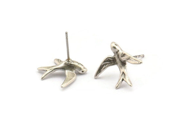 Silver Bird Earring, 4 Antique Silver Plated Brass Bird Stud Earrings (16x18mm) N1202 H1143