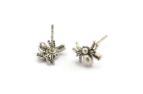 Silver Spider Earring, 6 Antique Silver Plated Brass Spider Stud Earrings With 1 Loop (9x7mm) N1227