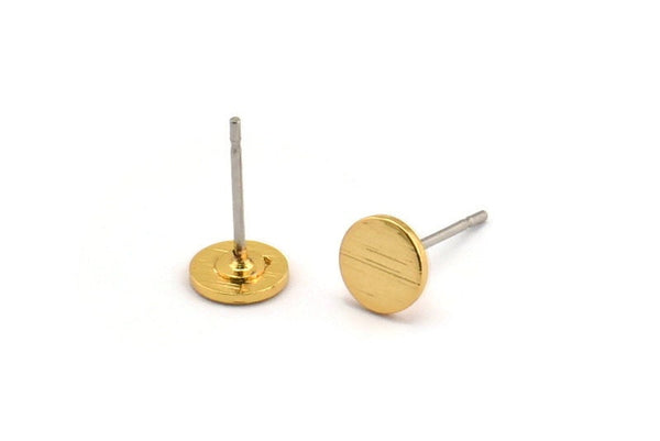 Gold Round Earring, 8 Textured Gold Plated Brass Round Earring Studs (6x0.80mm) M369