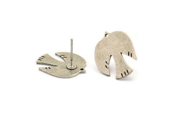 Silver Bird Earring, 4 Antique Silver Plated Brass Bird Stud Earrings (18x14x0.80mm) A2719 Y098