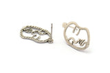 Silver Face Earring, 6 Antique Silver Plated Brass Face Stud Earrings (21x13x1mm) N1107 H1085