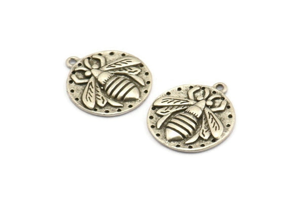 Silver Bee Charm, 2 Antique Silver Plated Brass Bee Charms With 1 Loop, Pendants, Findings (19x17x2mm) N1195