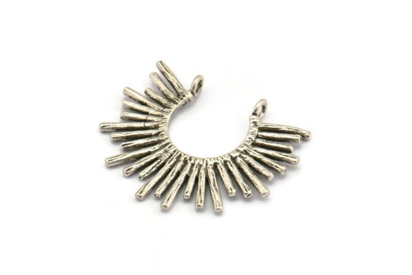 Gümüş Güneş Tılsımı, Antik Gümüş Kaplama Pirinç Güneş Tılsımı, 2 Halka, Kolye Uçları (31x25x1,5 mm) N1280