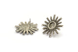 Silver Sun Earring, 2 Antique Silver Plated Brass Sunshine Stud Earrings with 6mm Stone pad (23mm) N0859