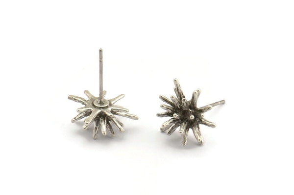 Silver Sea Urchin Earring, 4 Antique Silver Plated Brass Sea Urchin Stud Earrings (13mm) N1184