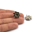 Silver Flower Earring, 2 Antique Silver Plated Brass Flower Stud Earrings With 1 Loop (18mm) N1192