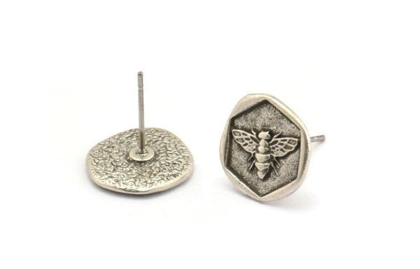 Silver Bee Earring, 4 Antique Silver Plated Brass Bee Stud Earrings (13x1.5mm) N1212 Q0656