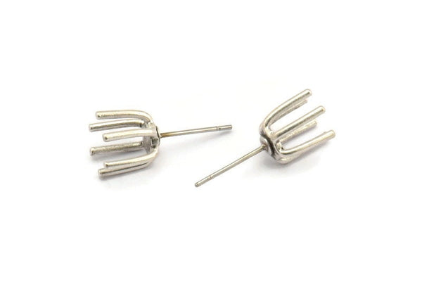 Silver Claw Earring, 4 Antique Silver Plated Brass 6 Claw Stud Earrings (21mm) N1135