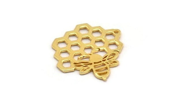 Gold Bee Charm, Gold Plated Brass Honeycomb Charm With 1 Hole, Pendant, Finding (32x31x1.2mm) N1361