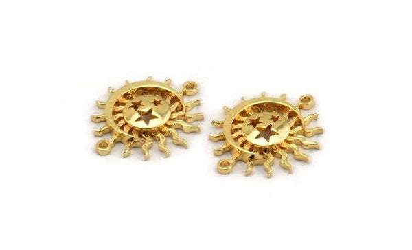 Moon and Sun, 2 Gold Plated Brass, Gold Plated Brass Pendant, Gold Plated Brass Connectors With 2 Loops (24x20mm) N1380