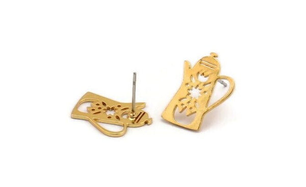 Earring Studs, 4 Gold Plated Brass Kettle Shaped Stud Earrings (18x13x0.80mm) A2668 H0351