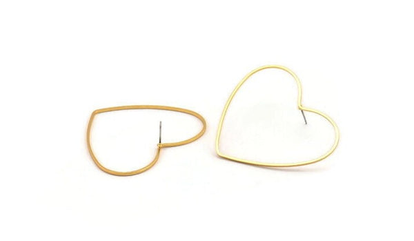 Gold Heart Earring, 4 Gold Plated Brass Heart Stud Earrings (42x50x1mm) D1281 A2175 Q0503
