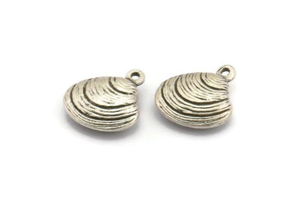Silver Shell Charm, 2 Antique Silver Plated Brass Shell Charms With 1 Loop, Earrings, Findings (14x9mm) N1047
