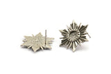 Silver Sun Earring, 2 Antique Silver Plated Brass Sunshine Stud Earrings With 6mm Stone Pad (24x21mm) N0858